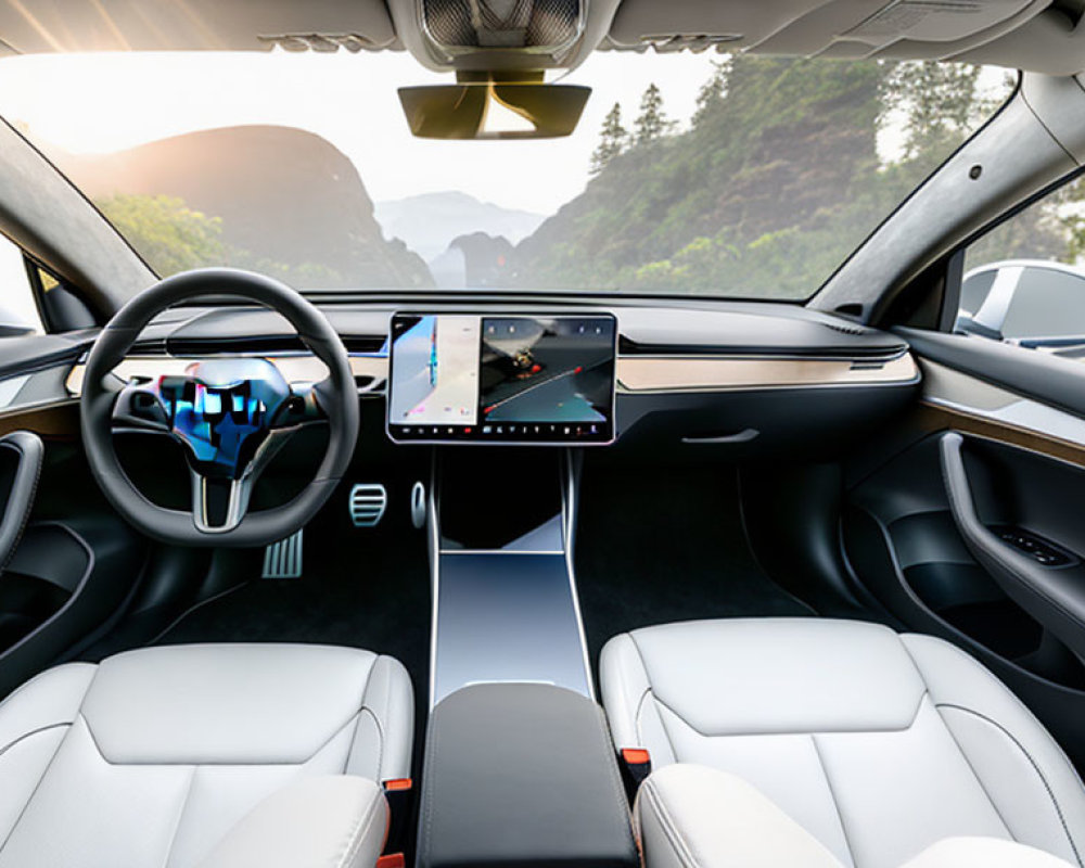 White Seats, Touchscreen Dashboard, Mountain View in Modern Car Interior