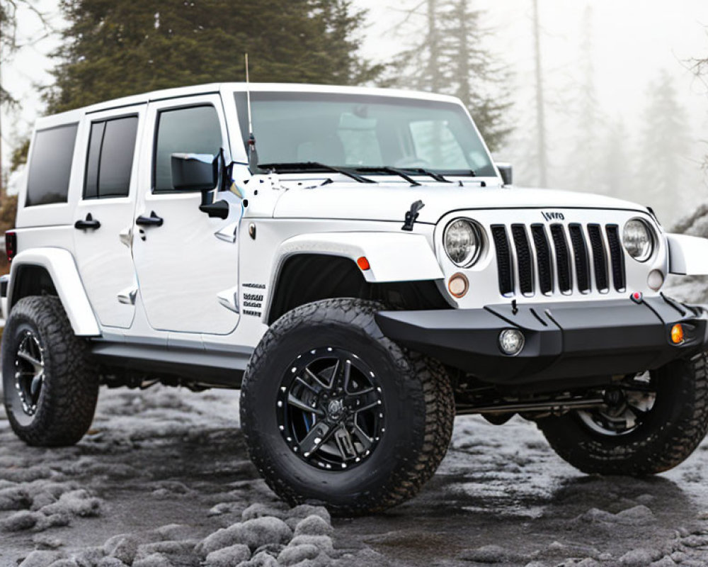 White Four-Door Jeep Wrangler on Gravel Road with Forest Background