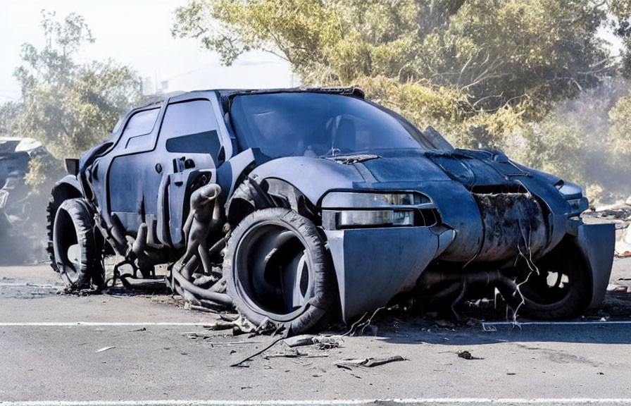 Futuristic armored car in disrepair on debris-strewn road