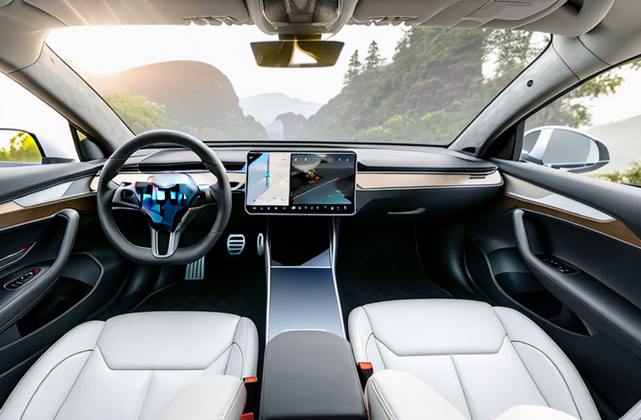 White Seats, Touchscreen Dashboard, Mountain View in Modern Car Interior