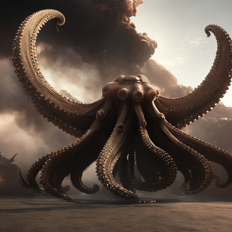 Surreal image of giant octopus with elaborate tentacles in mist