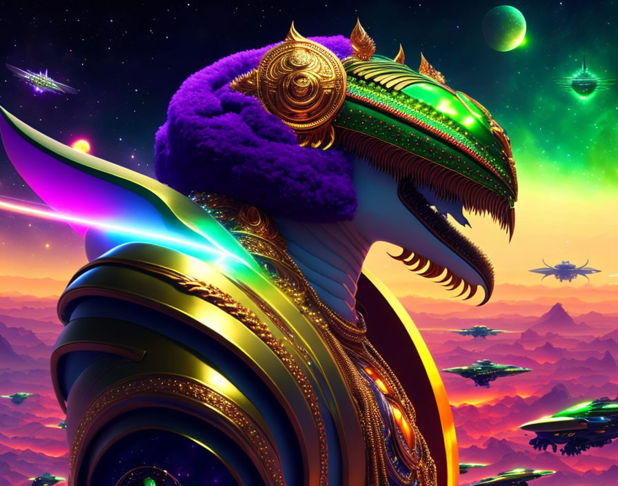 Colorful digital artwork: Serpent creature with golden ornaments in cosmic landscape