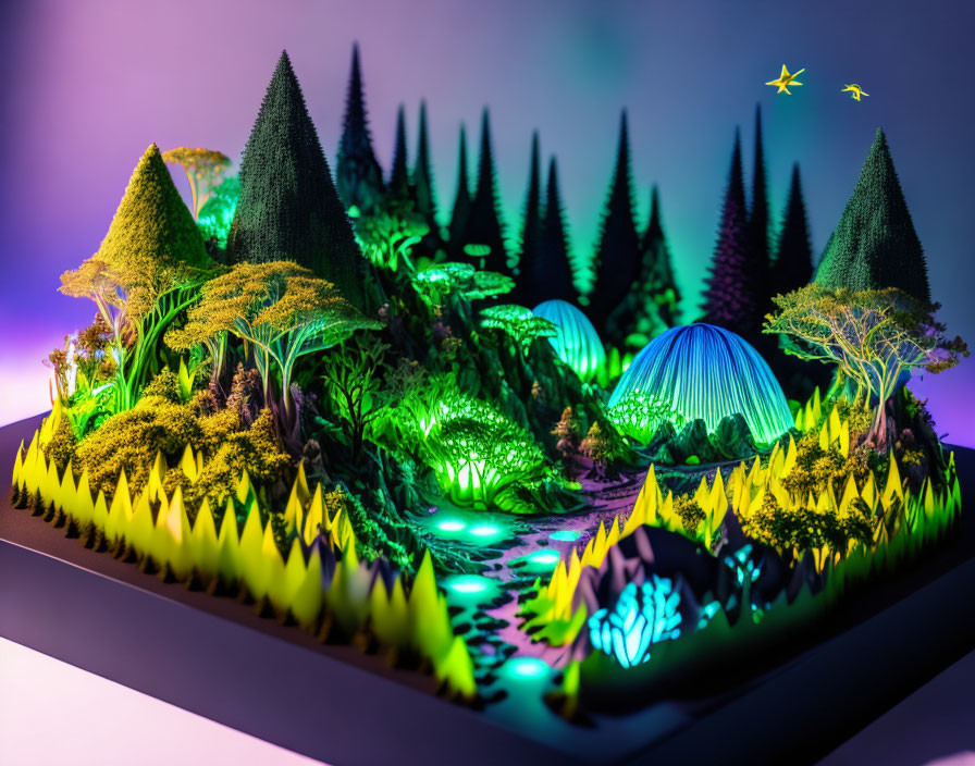 Miniature forest with neon lighting, paper trees, blue stream, purple backdrop