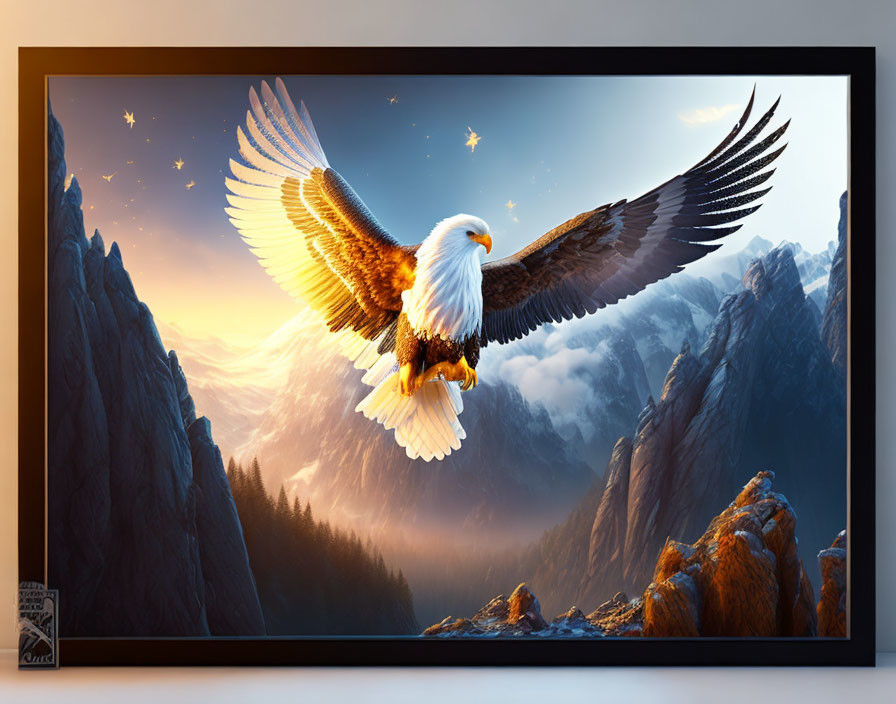 Majestic eagle flying over mountain landscape at sunset