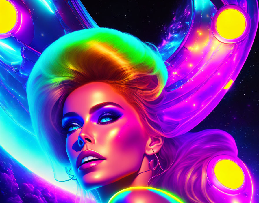 Colorful digital artwork: woman with neon makeup in cosmic setting