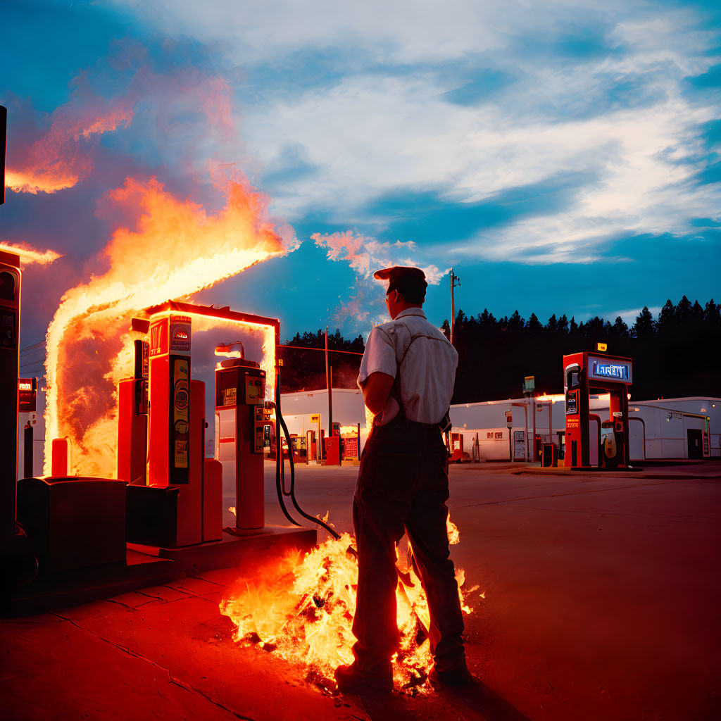 Person engulfed in flames at gas station at dusk.