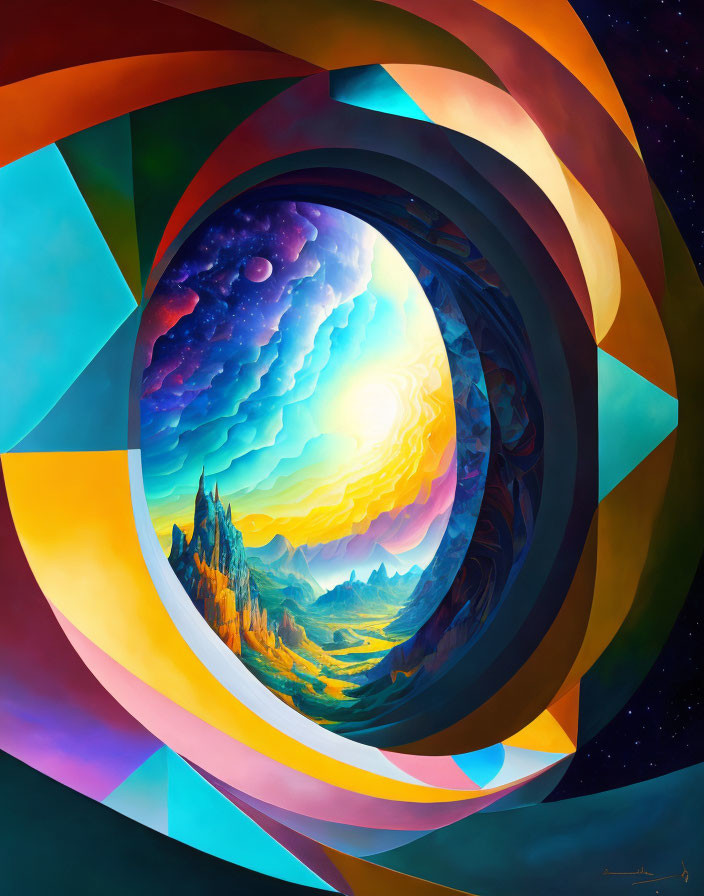 Colorful geometric spiral art in fantastical landscape with mountains and cosmic elements.