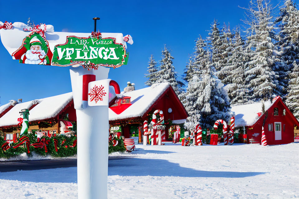 Winter Scene: "Lapland Village" Sign, Red Cabins, Candy Canes, Christmas