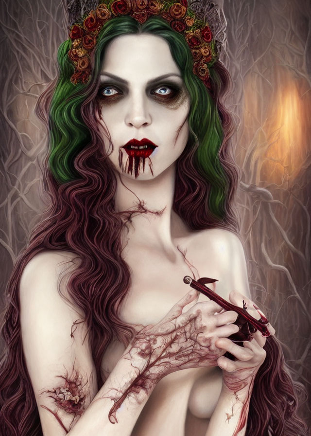 Pale Woman with Green Hair, Bloodied Knife, Roses Wreath, Thorn Patterns