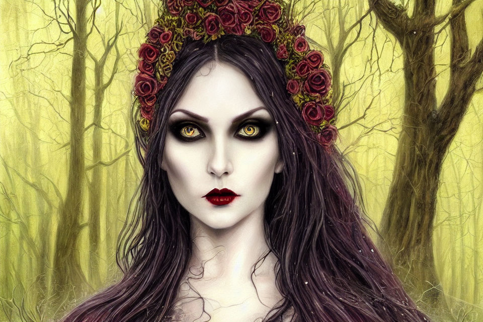 Pale woman with dark hair, yellow eyes, red lips, rose crown, in misty forest.