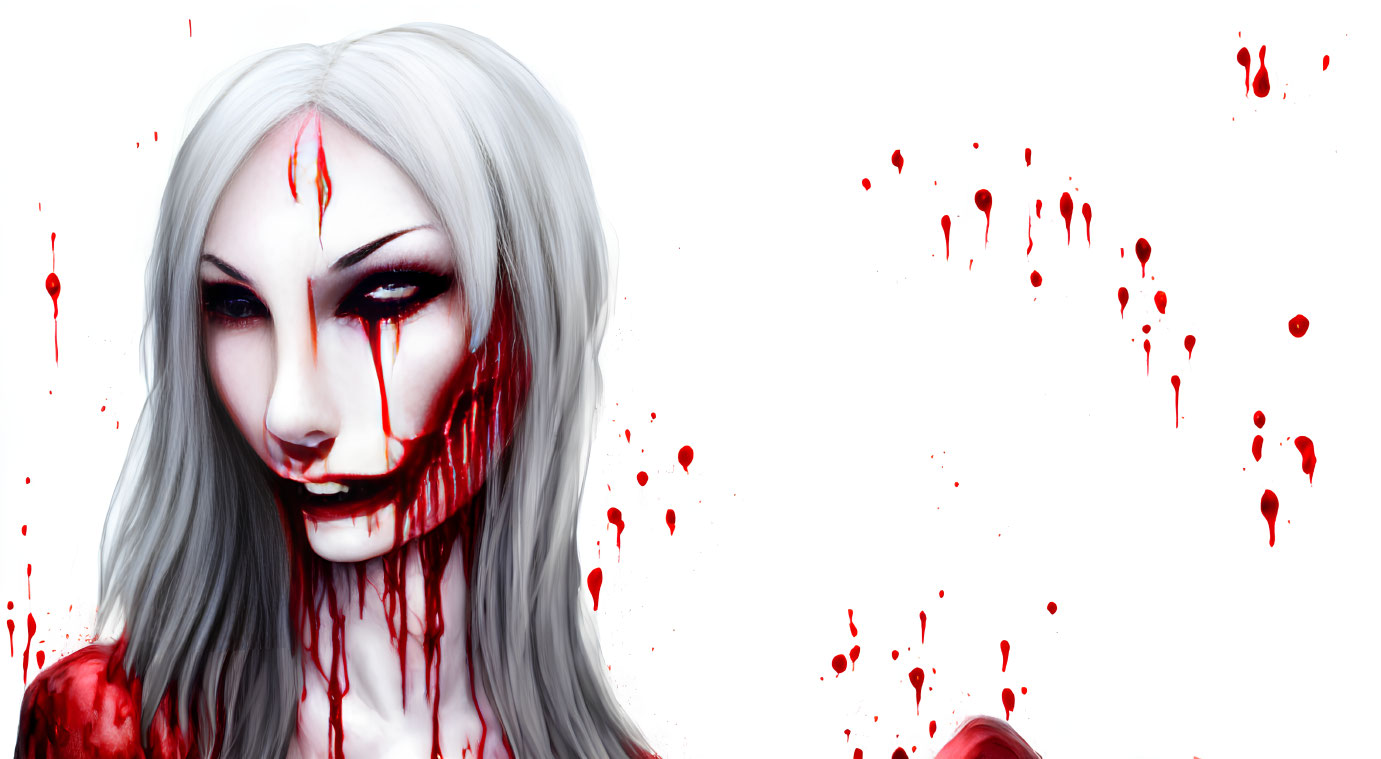 Digital artwork: Pale woman with white hair, red eyes, and blood dripping, on white background with