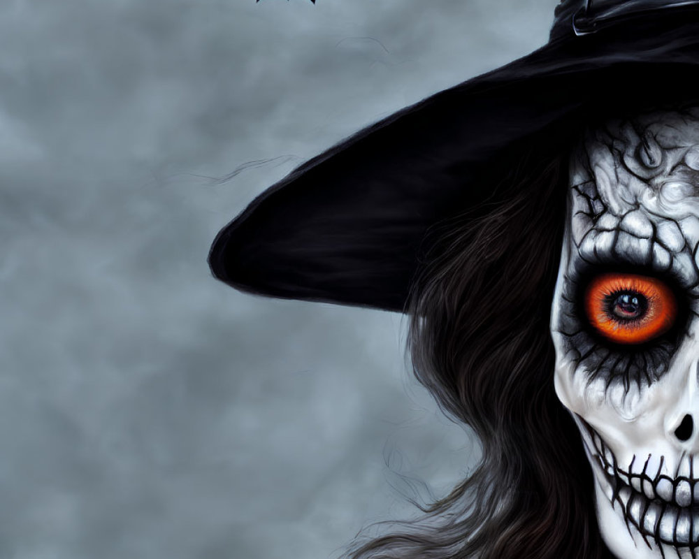 Skull-faced witch with orange eye and large hat under moonlit sky.