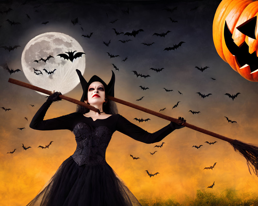 Woman in witch costume with broomstick under full moon and jack-o'-lantern.