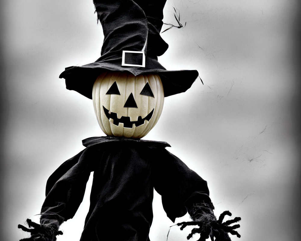 Jack-o'-lantern figure in witch's hat and cloak on gray background