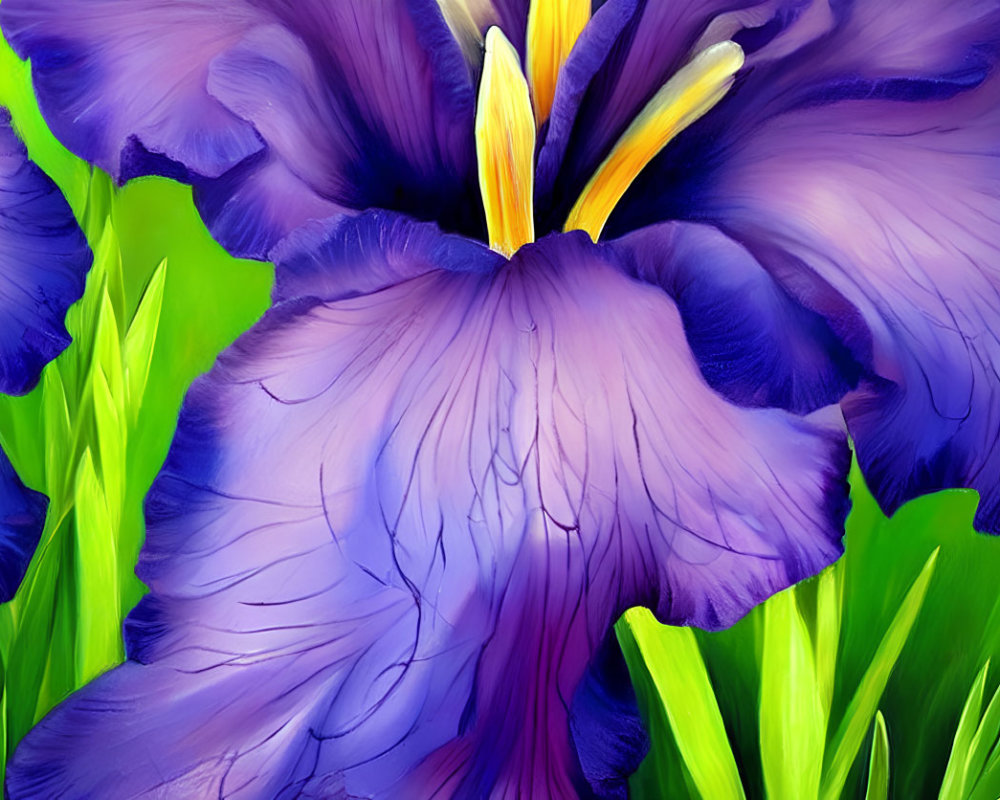 Detailed Purple Iris Flower Painting with Vibrant Petals and Yellow Stamen