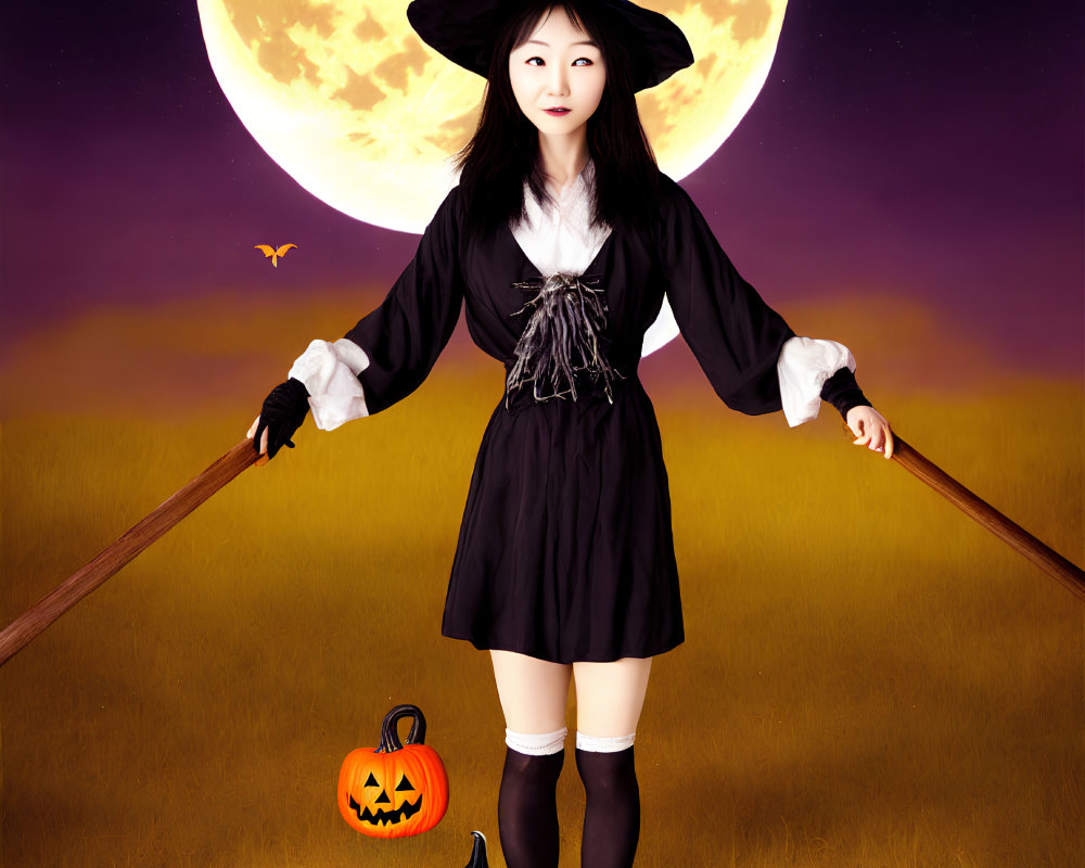 Woman in witch costume with broomstick, bats, and pumpkins under full moon