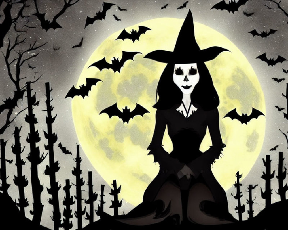 Stylized witch illustration with full moon, bats, and trees