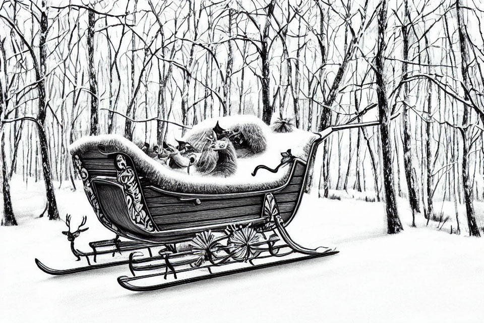 Winter forest scene: sleigh with gifts, reindeer, and bare trees sketch