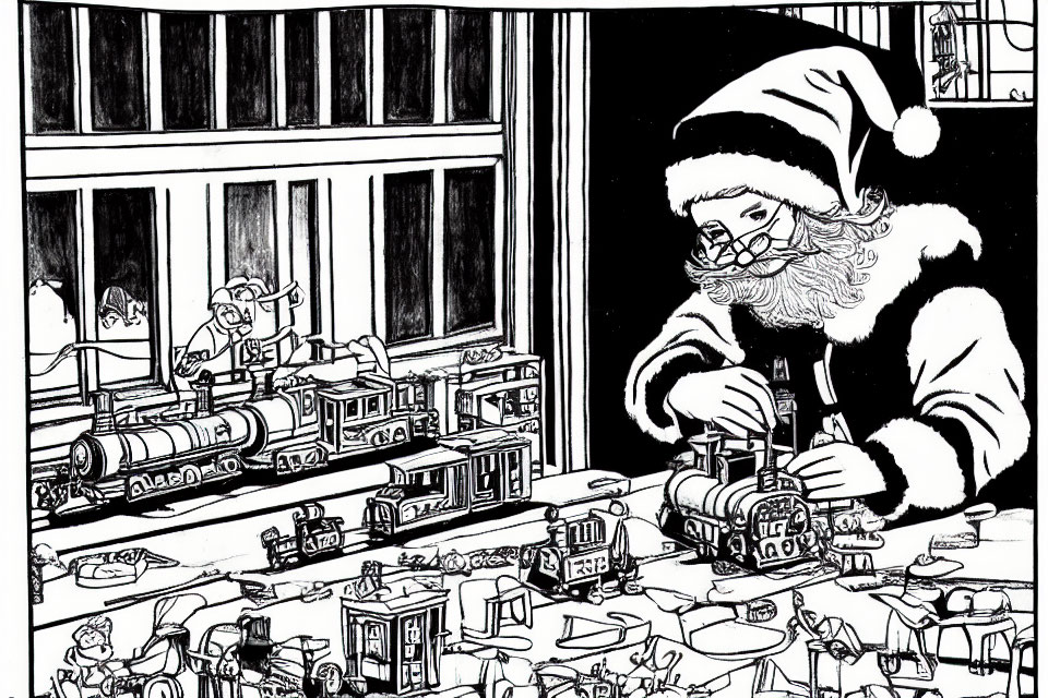 Monochrome Santa Claus assembling toy train set by snowy window