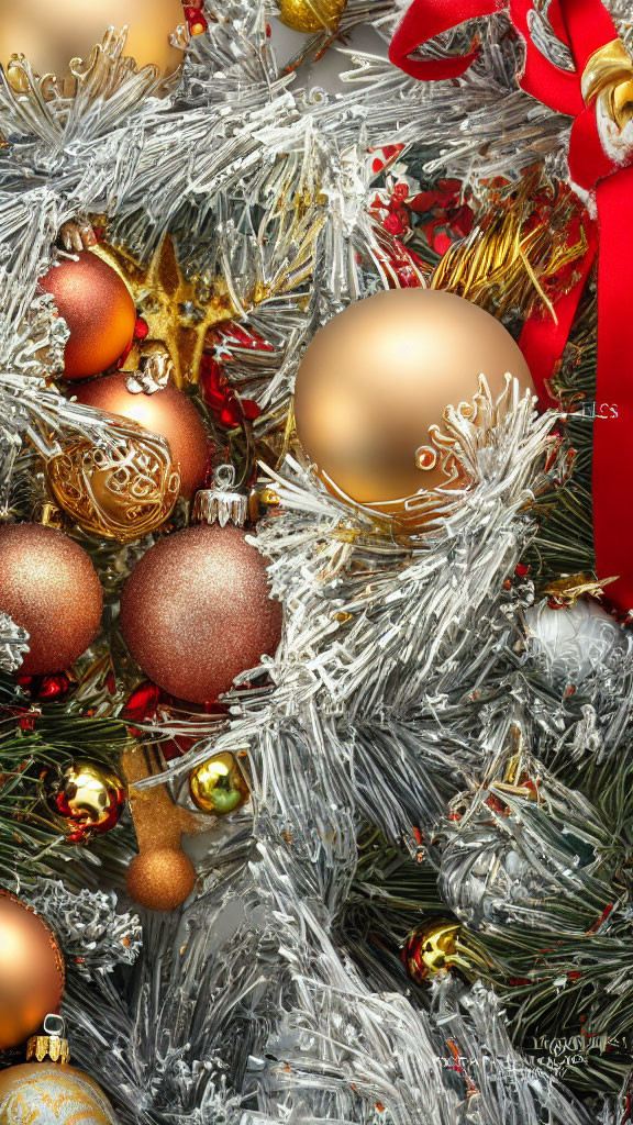 Festive Christmas tree with gold and red ornaments, tinsel, and red ribbon