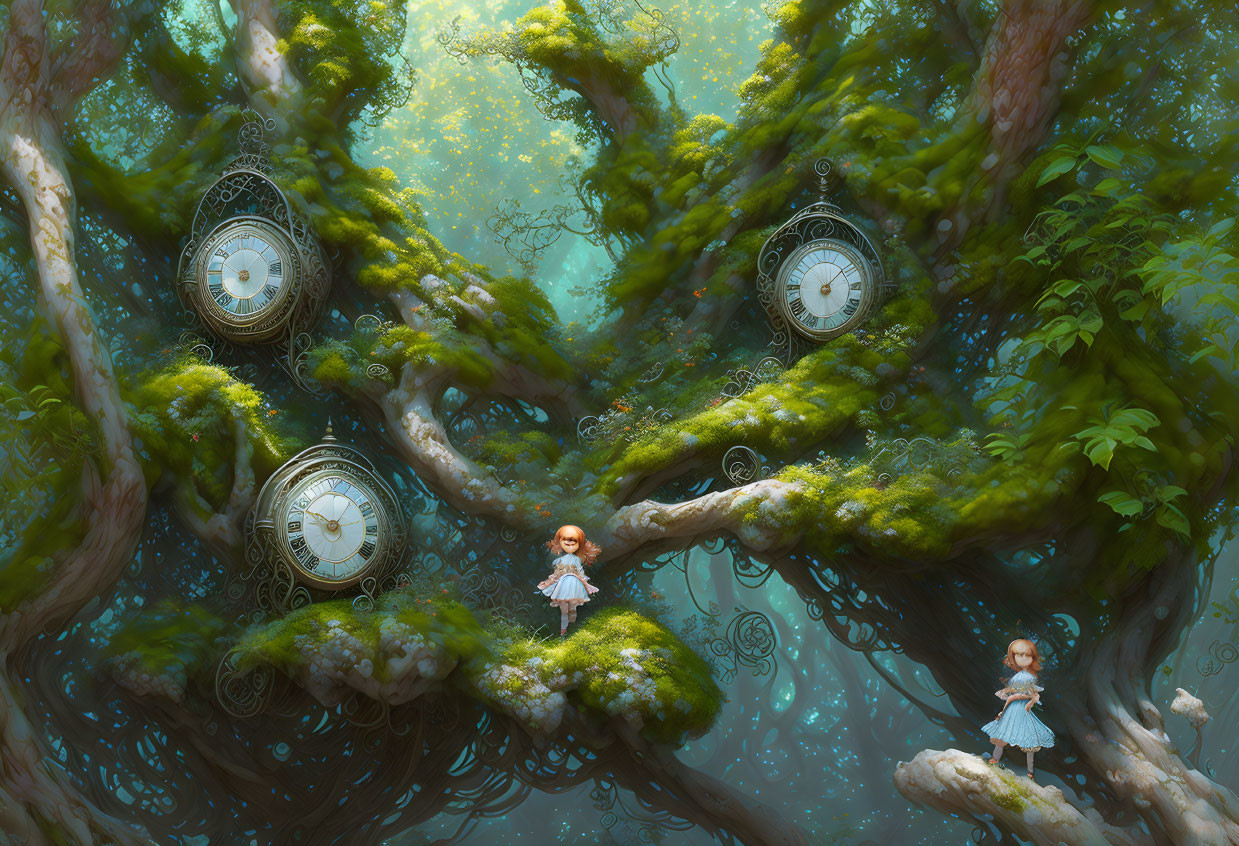 Enchanted forest scene with vintage clocks and whimsical figures among moss-covered branches