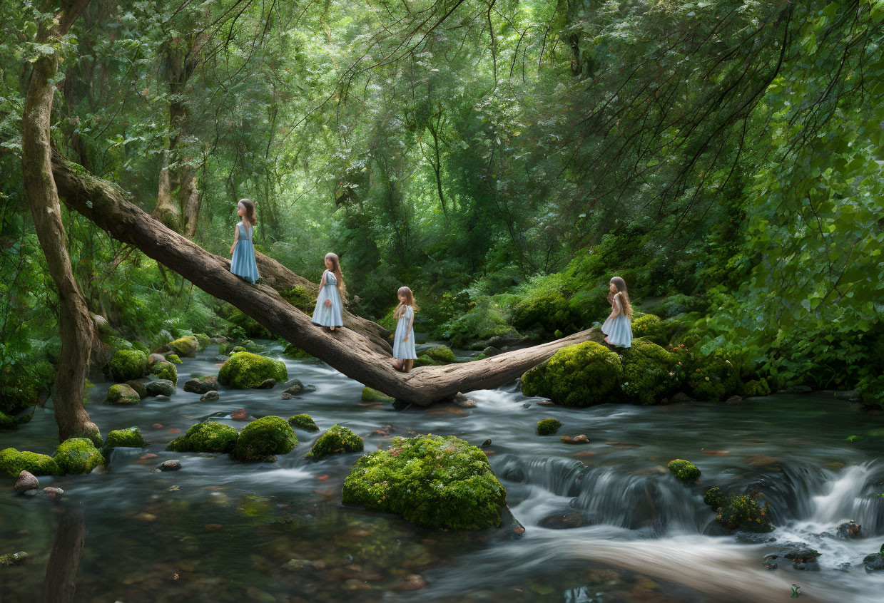 Lush forest scene with multiple instances of a girl in white dress