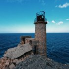 Lighthouse on Rocky Cliff with Blue Sea and Sky