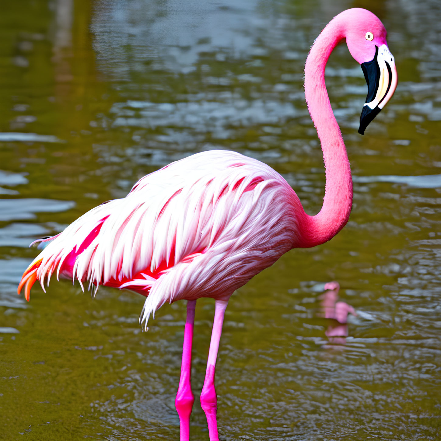 Pink flamingo standing in shallow water with reflection visible