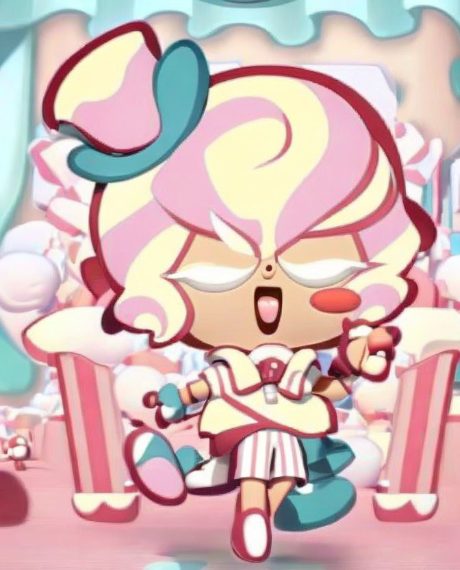 Pink-haired animated character in candy-themed setting singing with eyes closed.