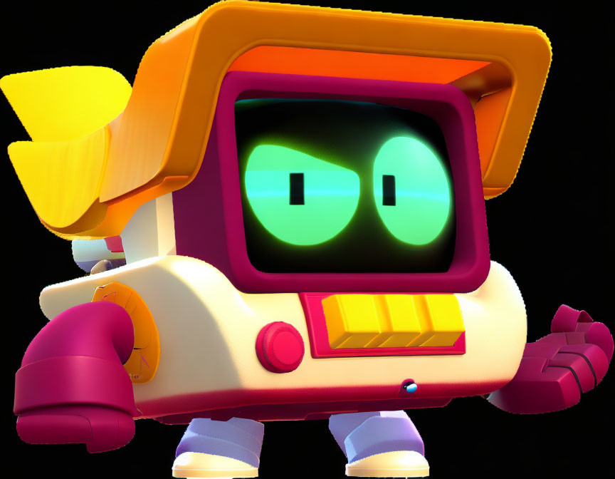 Colorful Robotic Character with Screen Face and Green Eyes on Red and Yellow Body