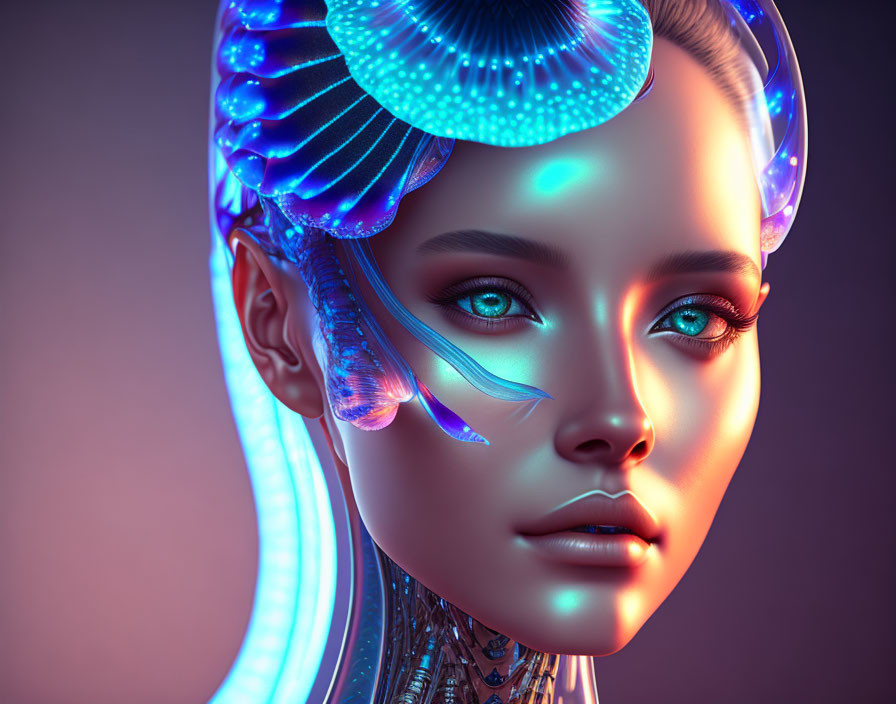 Futuristic digital art portrait of a woman with bioluminescent jellyfish features