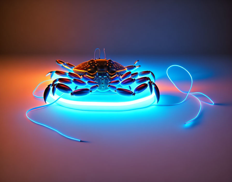 Vibrant neon-lit crab in dark setting showcases marine life