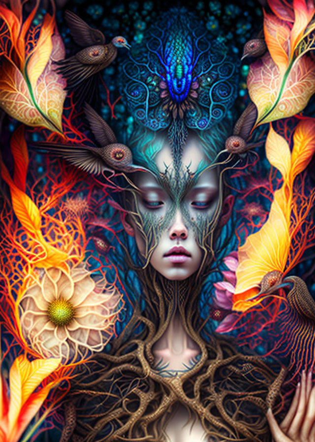 Colorful surreal portrait blending woman's face with nature and intricate patterns.