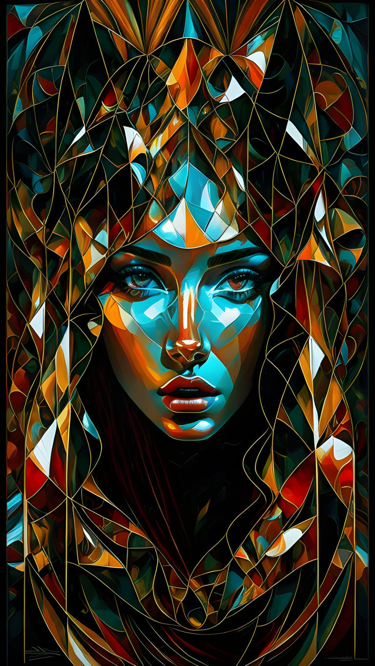 Vividly colored digital portrait of a stylized woman with intricate patterns