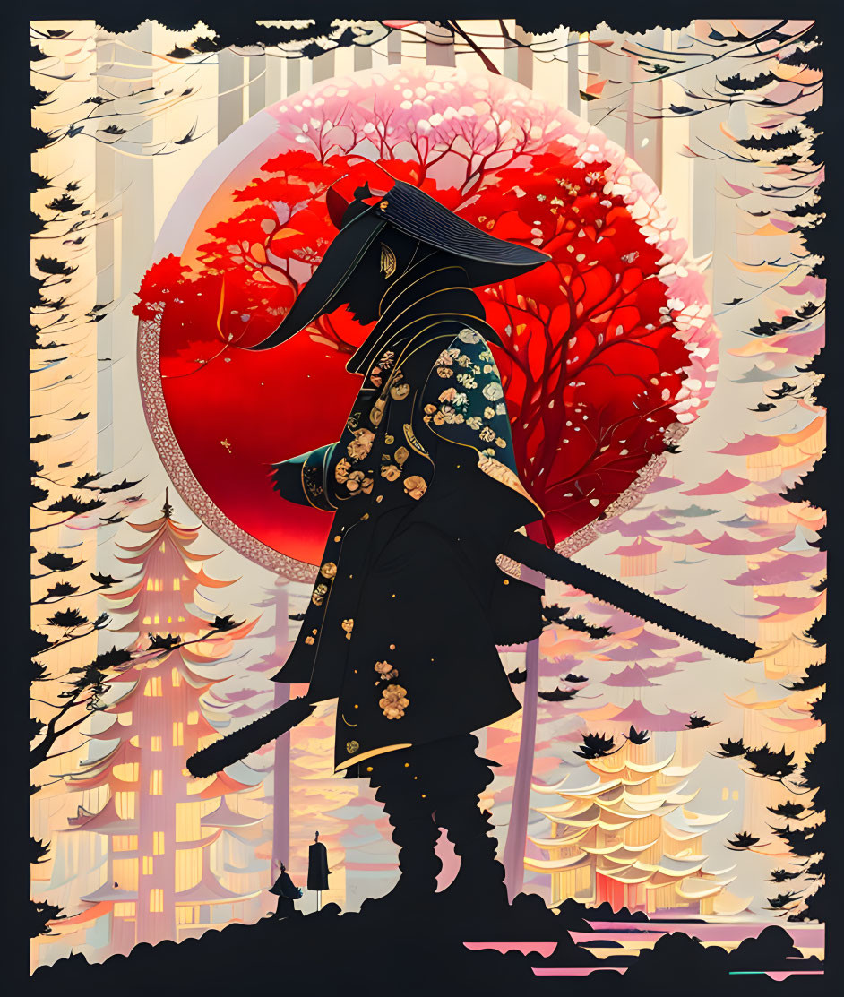 Stylized samurai illustration with long sword and red sun backdrop