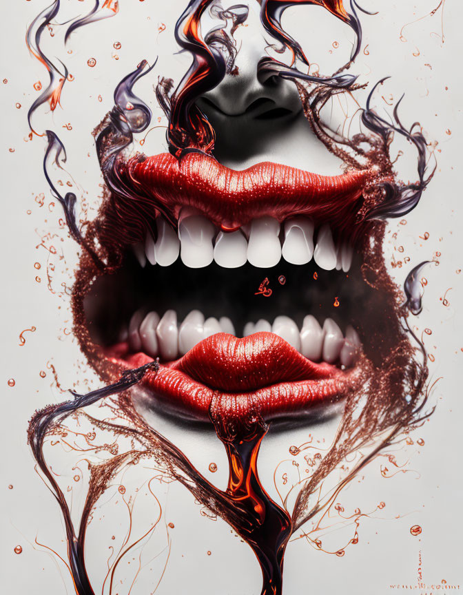 Abstract Image: Vivid Red Lips with Sharp Teeth and Dark Liquid Swirls