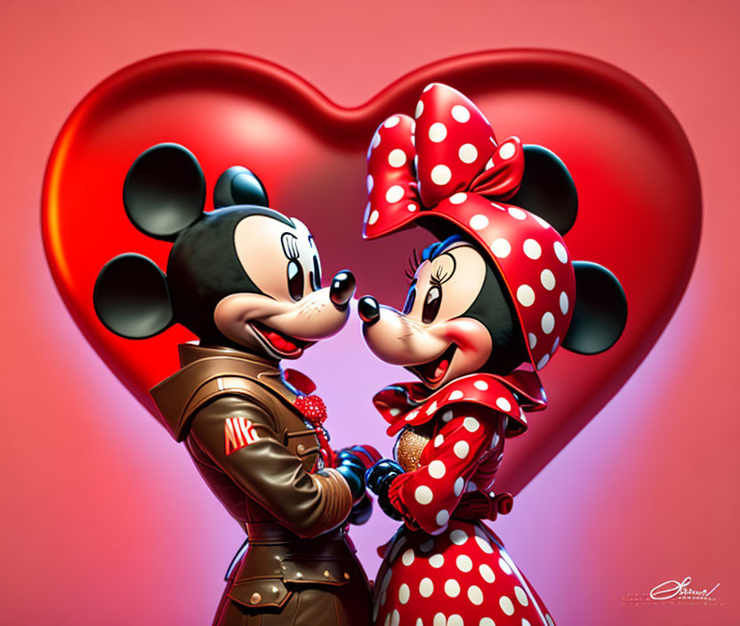 Cartoon mice in love with heart background and polka dot attire