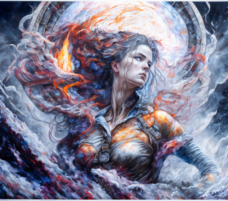 Fantastical painting of woman with flowing hair and cosmic elements.