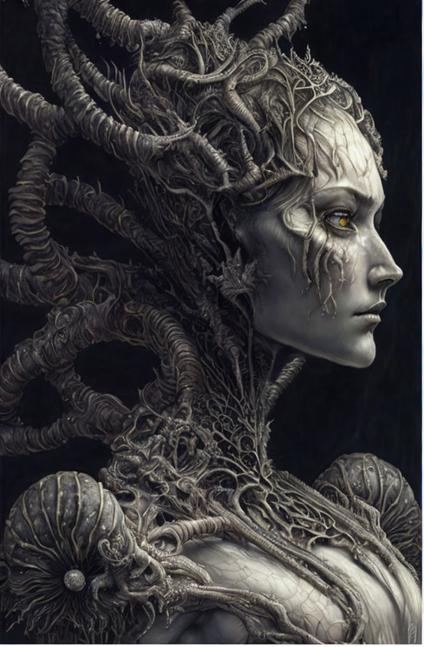 Monochrome artwork featuring a female figure with intricate horns and organic armor.