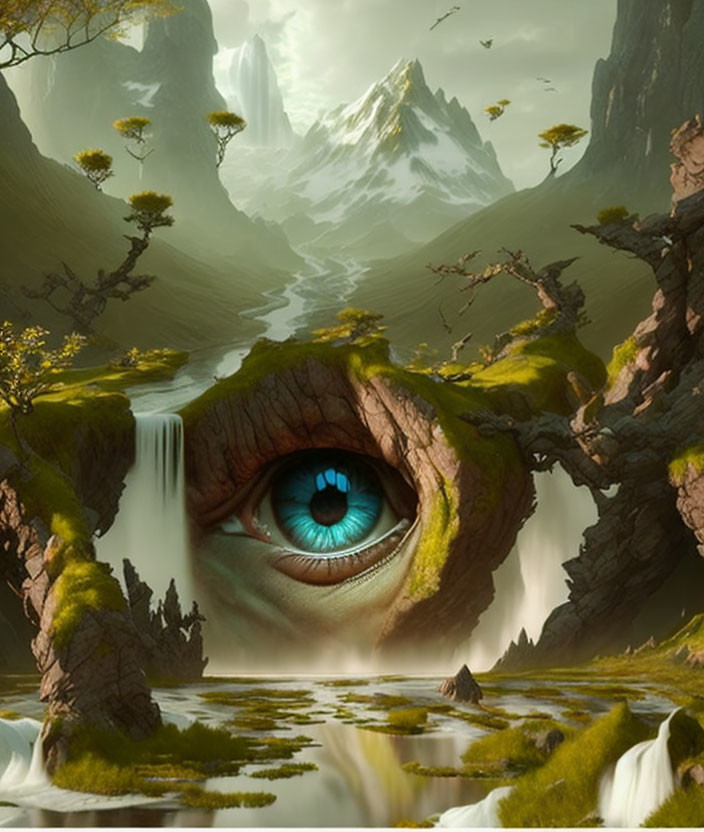 Surreal landscape with human eye, cliffs, waterfalls, greenery, mountains