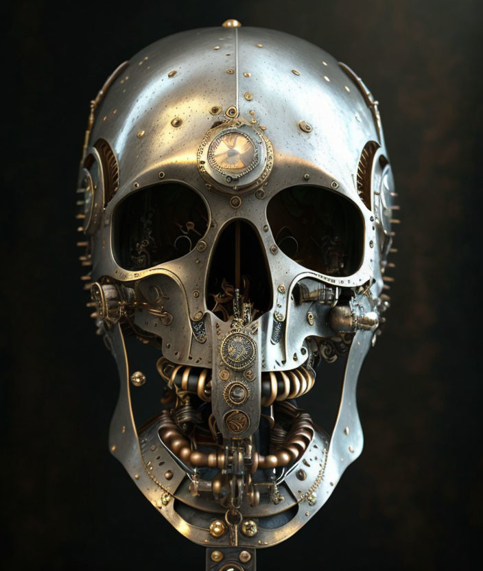 Detailed Steampunk Mechanical Skull with Gears and Pipes on Dark Background