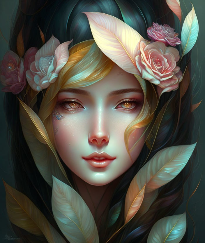 Ethereal digital art portrait of a woman with expressive eyes and floral adornments