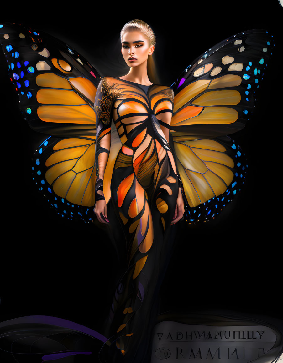 Digital artwork: Woman with butterfly wings, vibrant colors, intricate patterns.