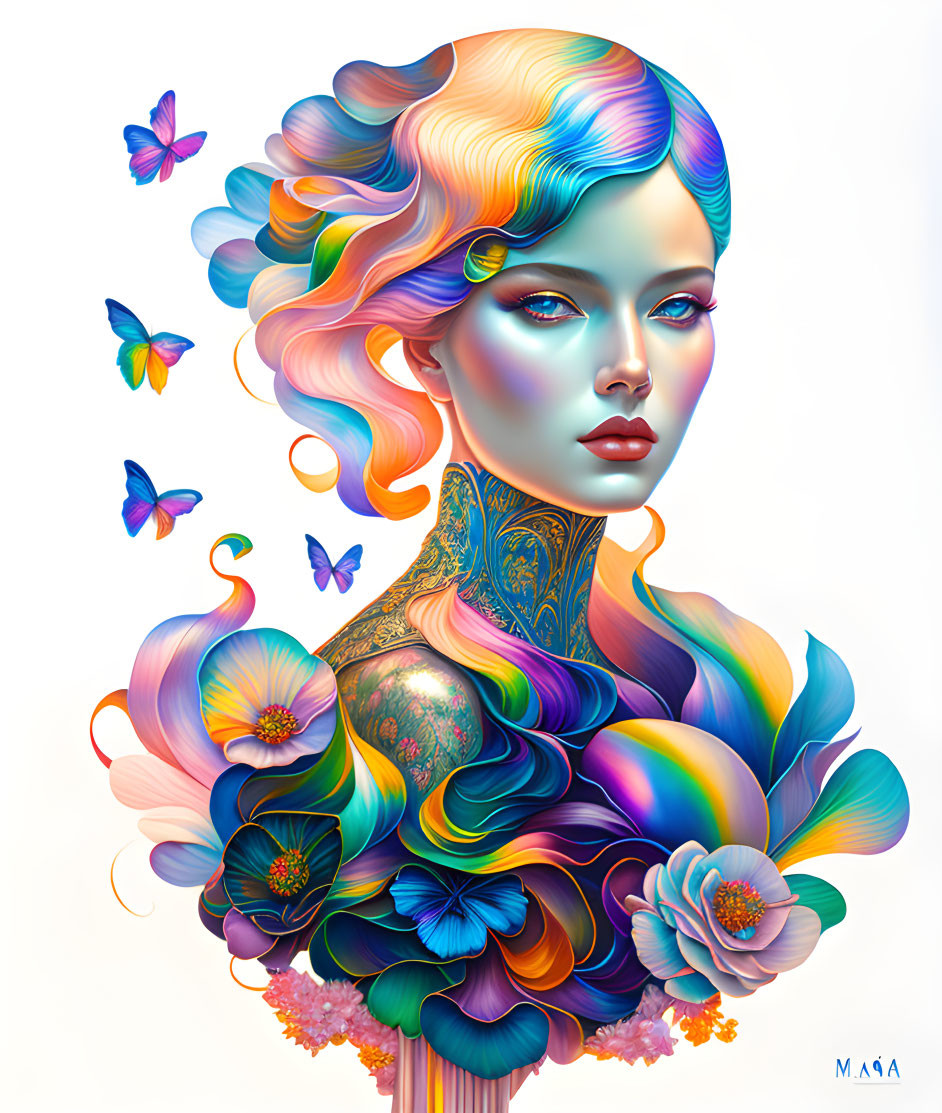 Vibrant digital artwork: Female figure with rainbow hair, butterflies, and floral motifs