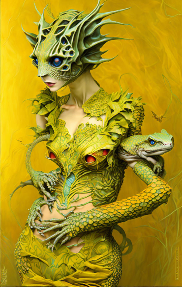 Fantastical humanoid creature with reptilian appearance and lizard-like companion on yellow backdrop