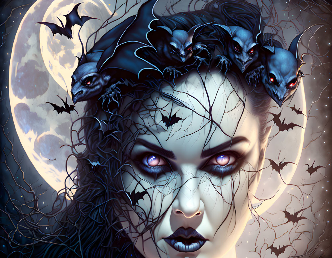 Gothic fantasy illustration: Woman with purple eyes, bats, full moon, ivy.