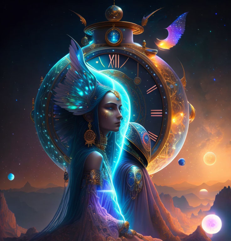 Fantastical digital artwork of woman with blue skin and celestial elements against cosmic clock and starry backdrop