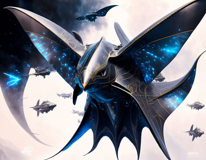 Mechanical dragon with glowing blue circuits flies with futuristic aircraft.