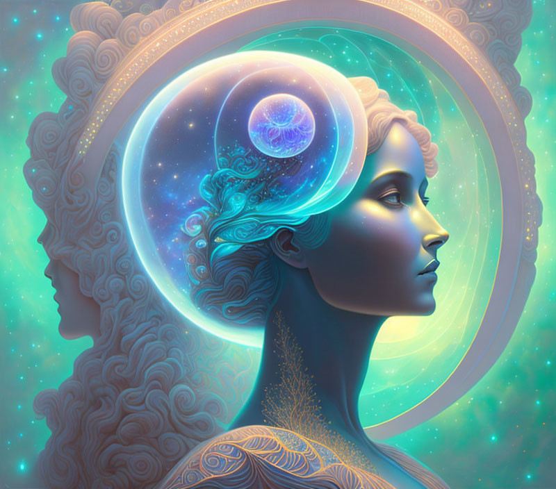 Profile of woman with cosmic elements in head on celestial background