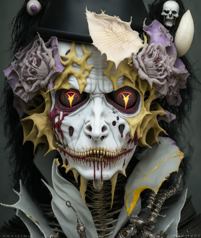 Digital artwork featuring skeletal figure with white skull face, red eyes, dark attire, bone and floral decorations